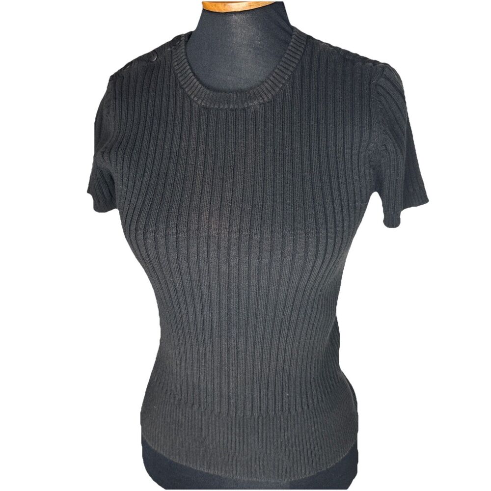 Vintage Mossimo Button Shoulder Ribbed Knit Top Black Medium Goth Grunge 90s Y2K